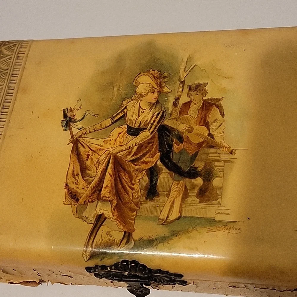 Vintage Celluloid? Jewelry or Hankerchief Box w Courting Couple Victorian